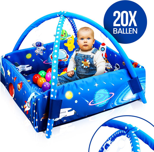 Velox Goods VL-505 Baby Play mat with Space motif – 5-in-1 Gym, Ball pit and Activity mat – Including Hanging toys – From 0 Months – 58x70 cm – Soft & Washable