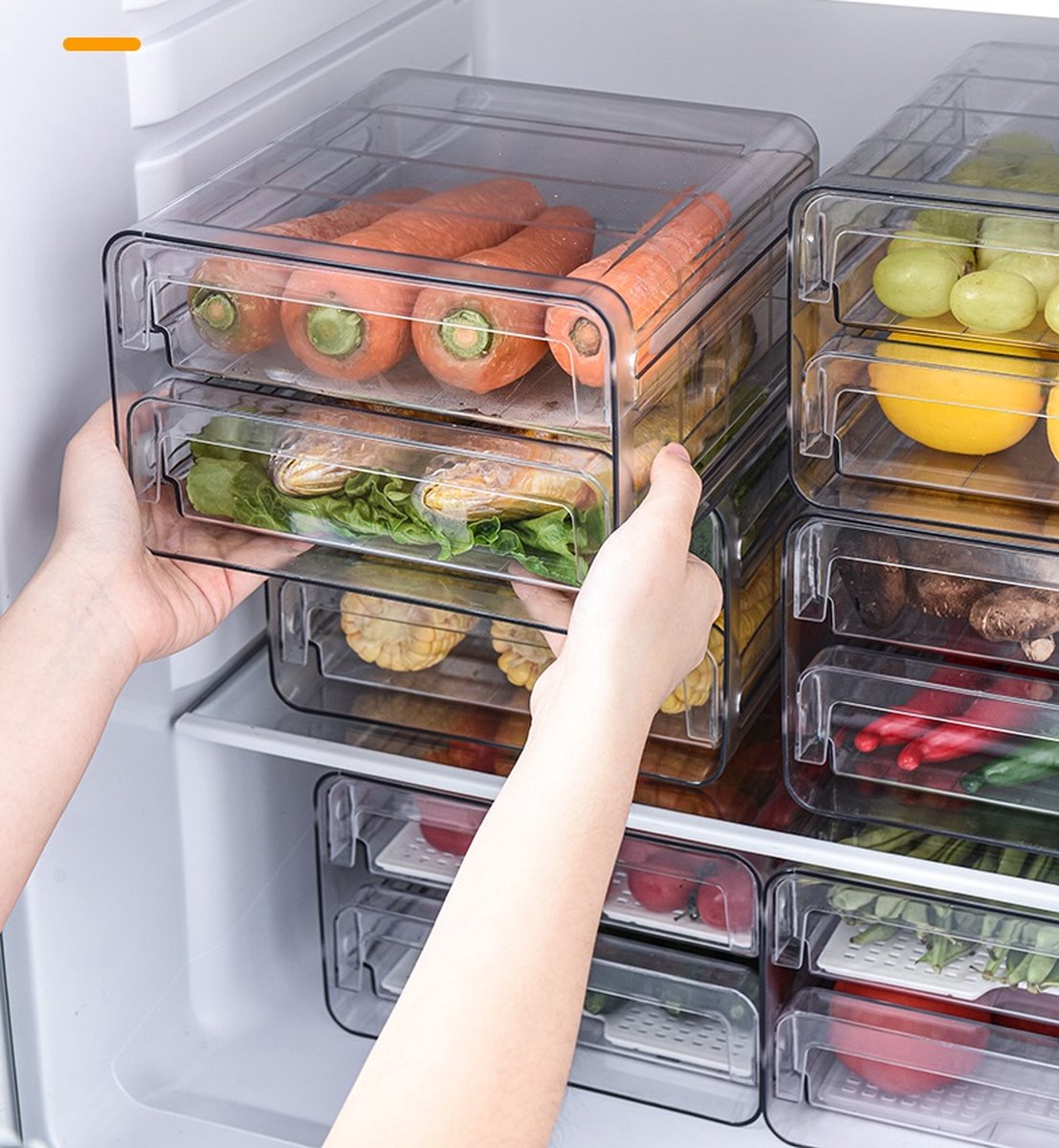 Velox Goods VL‑525 Refrigerator Organizer – Stackable PET Storage Box – Drawer for Vegetable, Fruit & Meat – 24 × 21.5 × 14 cm – Transparent