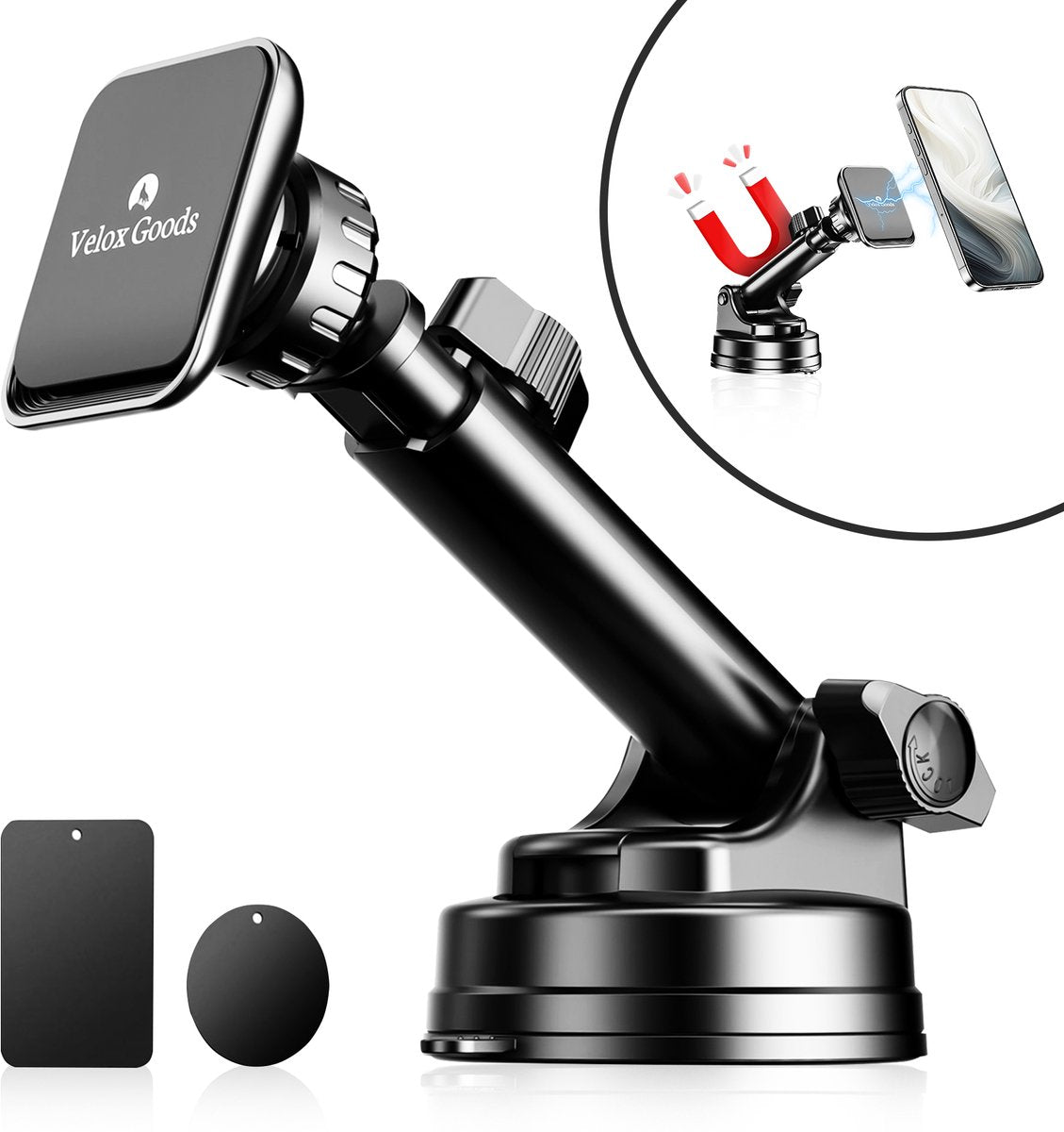 Velox Goods VL-502 Magnetic Phone Holder Car – Strong Suction Cup – Extractable Arm – 360° Rotatable – Suitable for Dashboard, Windshield & Desk – Universal Smartphone Holder – Black