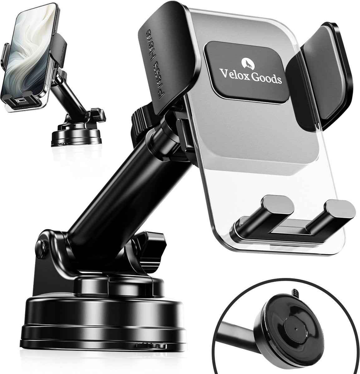 Velox Goods VL-501 Phone Holder Car – Strong Suction Cup – 360° Rotatable – For Dashboard, Windshield & Desk – Universal Smartphone Holder – Black