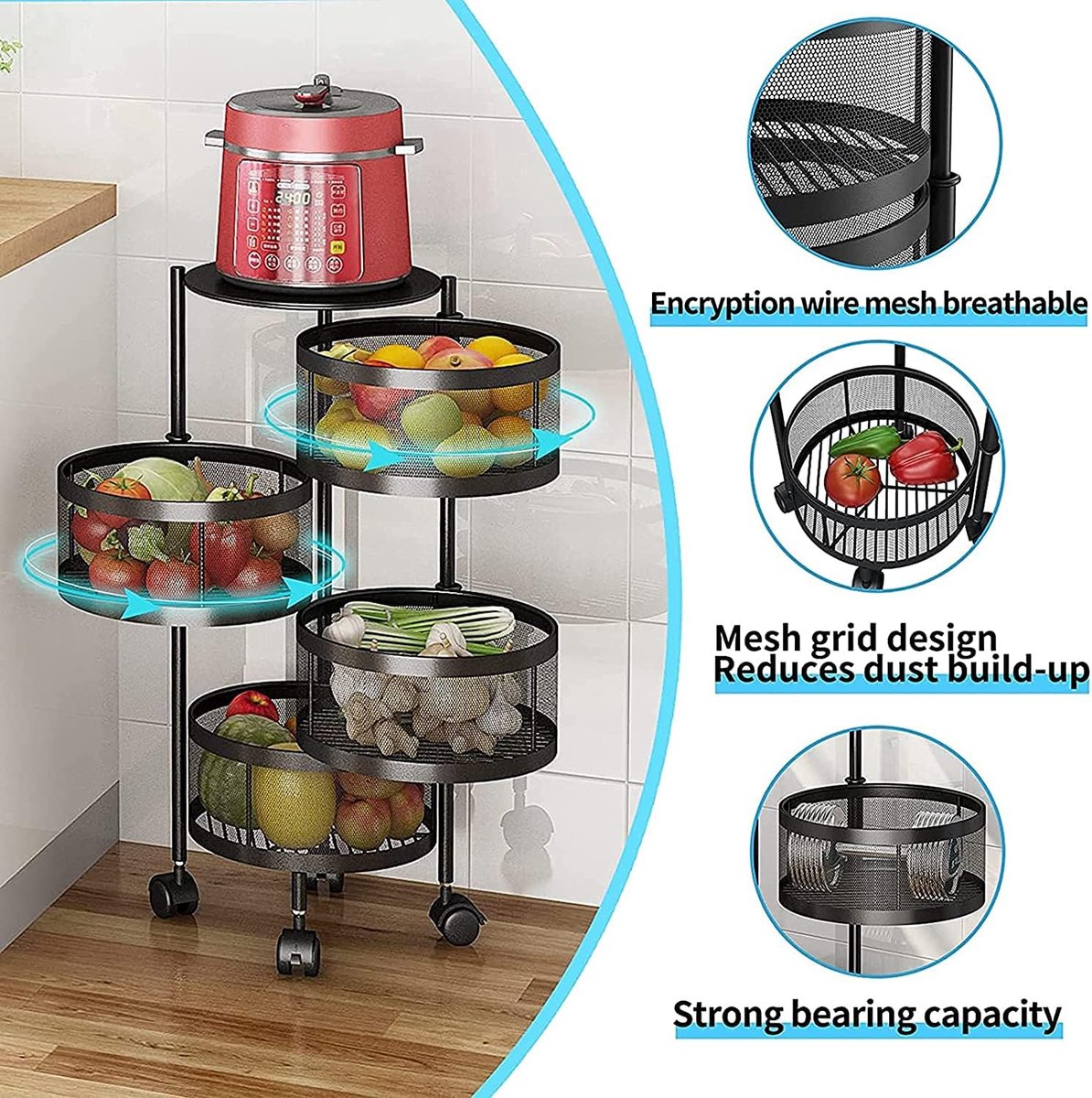 Velox Goods VL-519 Rotating Kitchen Storage Rack – 5-Tier Fruit and Vegetable Basket with Wheels – Swivel Metal Storage Basket – Black – 180° Rotatable – For Kitchen, Living Room & Bathroom