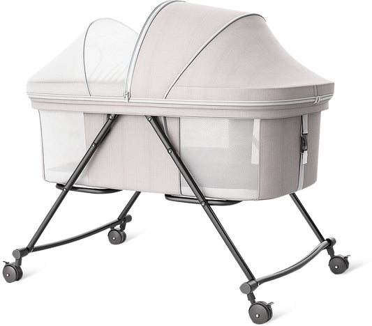 Velox Goods VL-513 Baby Crib – Adjustable Height & Rocking Function – Breathable Mesh & Foldable Design – Pyramid Construction for Stability – Gray