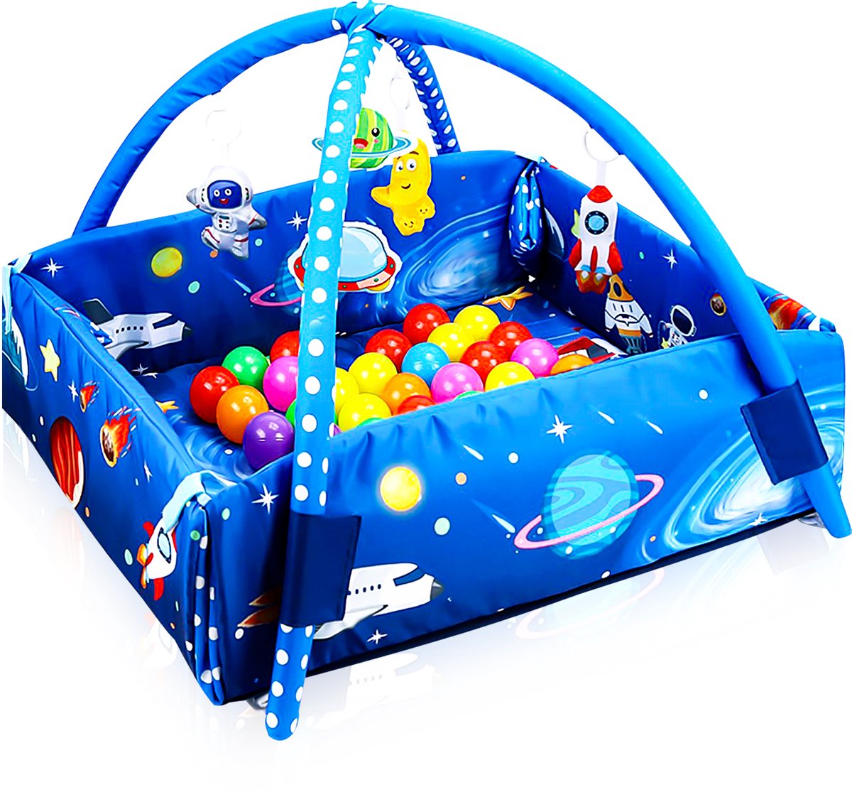 Velox Goods VL-505 Baby Play mat with Space motif – 5-in-1 Gym, Ball pit and Activity mat – Including Hanging toys – From 0 Months – 58x70 cm – Soft & Washable