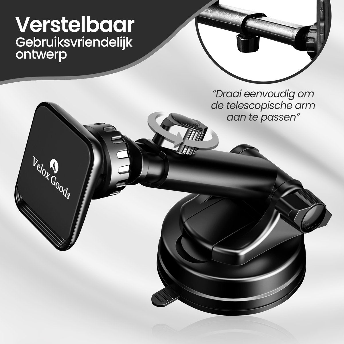 Velox Goods VL-502 Magnetic Phone Holder Car – Strong Suction Cup – Extractable Arm – 360° Rotatable – Suitable for Dashboard, Windshield & Desk – Universal Smartphone Holder – Black
