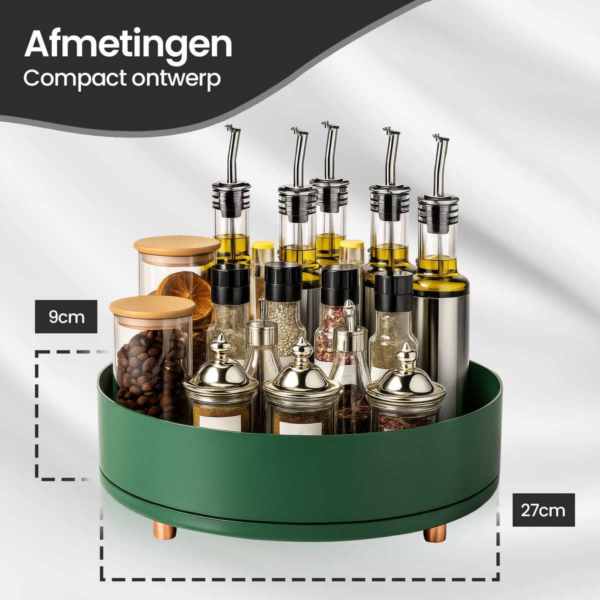 Velox Goods VL‑529 Turntable – 360° Organizer Ø27 cm – Rotary Herb Rack & Lazy Susan – For Kitchen, Refrigerator, Bathroom – Green – Non-slip & Large Size