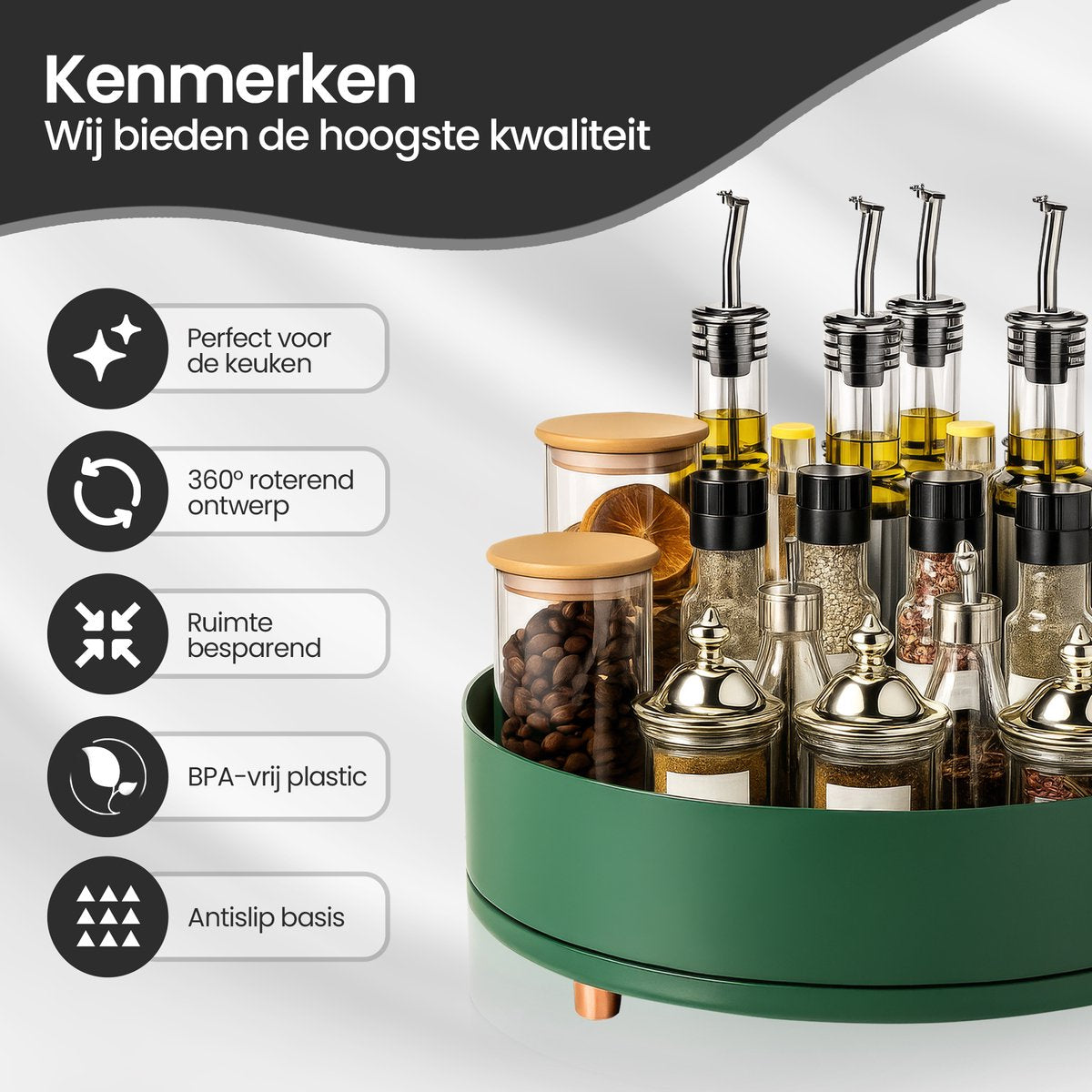 Velox Goods VL‑529 Turntable – 360° Organizer Ø27 cm – Rotary Herb Rack & Lazy Susan – For Kitchen, Refrigerator, Bathroom – Green – Non-slip & Large Size