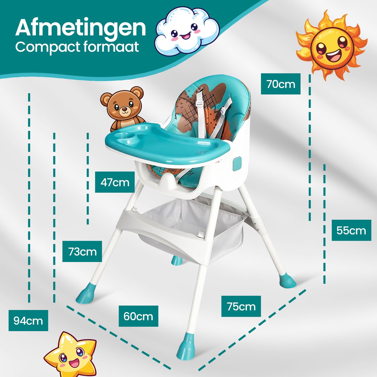 Velox Goods VL-509 Baby Chair – Compact, Adjustable and Foldable High Chair with Seat Belt, Storage Basket and Playful Design – Suitable for Children from 6 Months to 4 Years