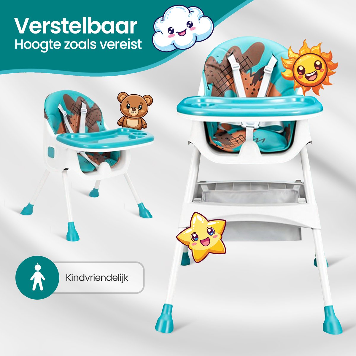 Velox Goods VL-509 Baby Chair – Compact, Adjustable and Foldable High Chair with Seat Belt, Storage Basket and Playful Design – Suitable for Children from 6 Months to 4 Years