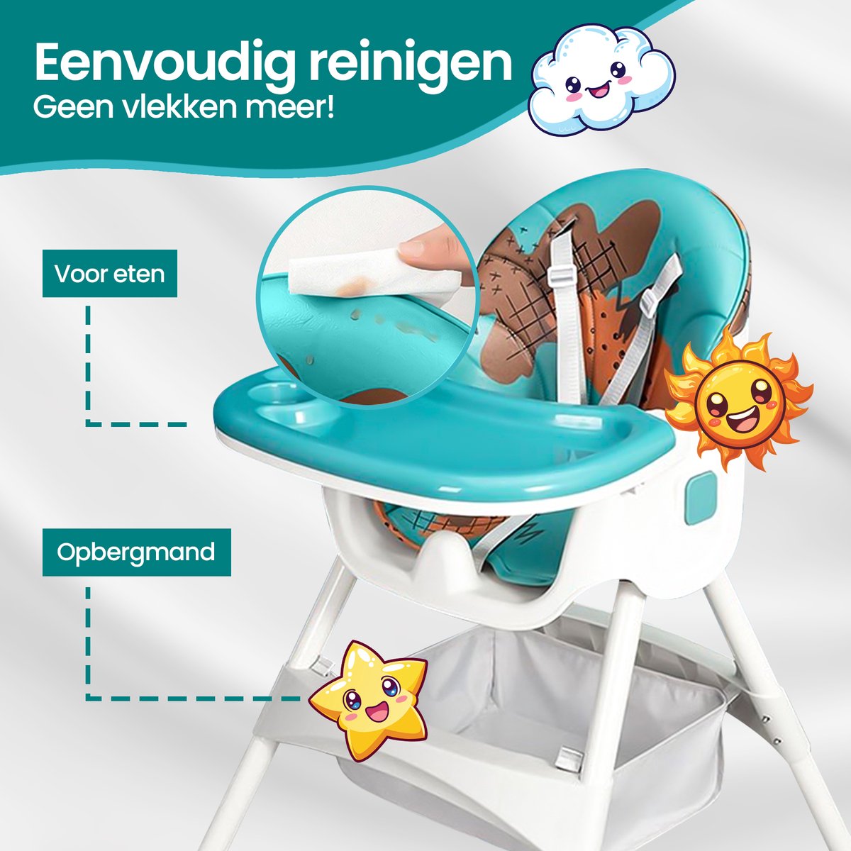 Velox Goods VL-509 Baby Chair – Compact, Adjustable and Foldable High Chair with Seat Belt, Storage Basket and Playful Design – Suitable for Children from 6 Months to 4 Years