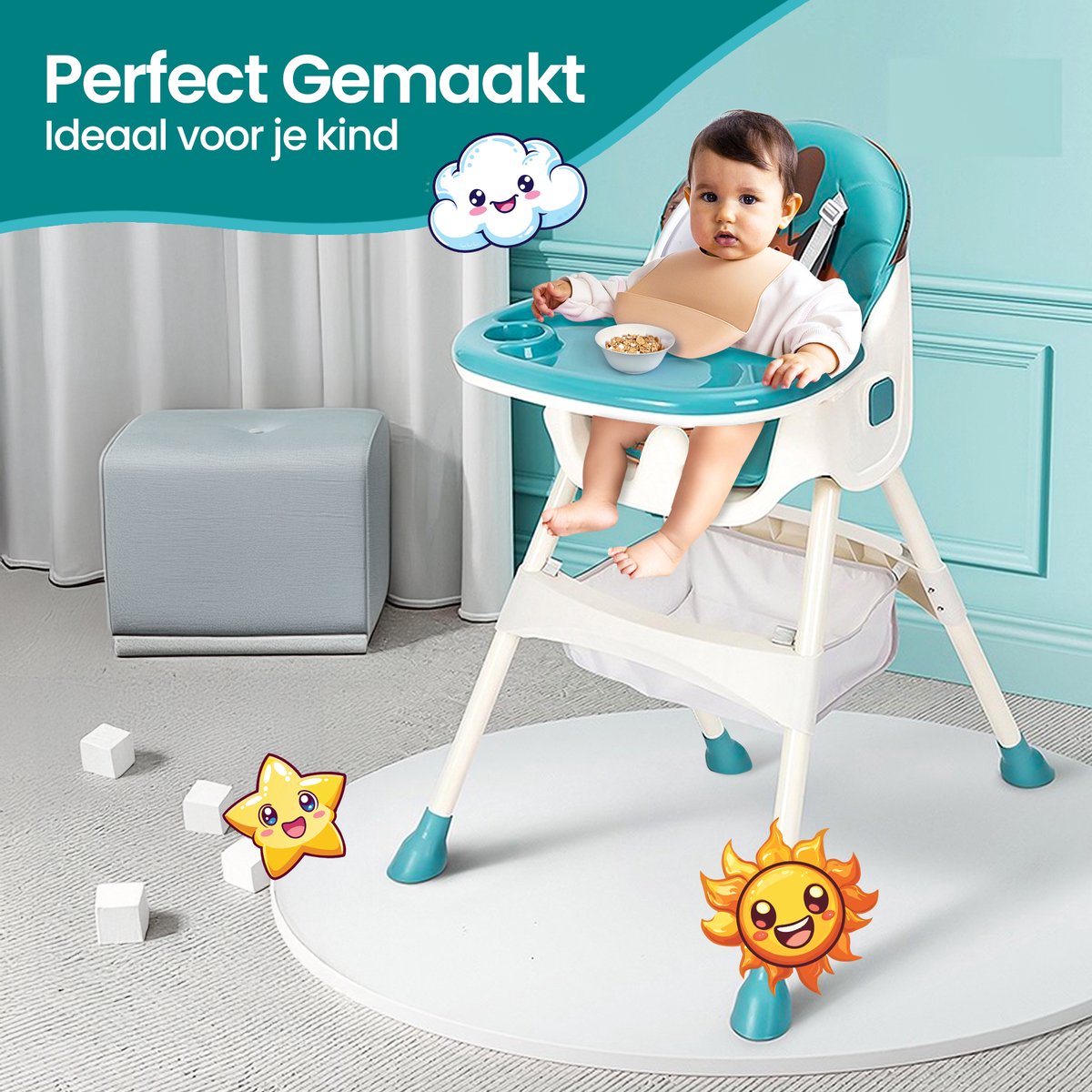 Velox Goods VL-509 Baby Chair – Compact, Adjustable and Foldable High Chair with Seat Belt, Storage Basket and Playful Design – Suitable for Children from 6 Months to 4 Years