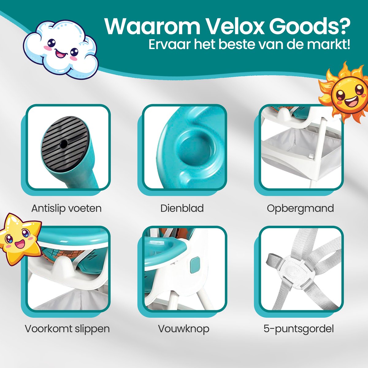 Velox Goods VL-509 Baby Chair – Compact, Adjustable and Foldable High Chair with Seat Belt, Storage Basket and Playful Design – Suitable for Children from 6 Months to 4 Years