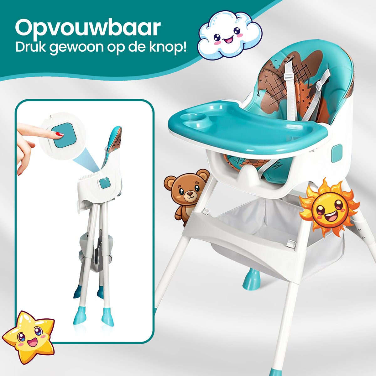 Velox Goods VL-509 Baby Chair – Compact, Adjustable and Foldable High Chair with Seat Belt, Storage Basket and Playful Design – Suitable for Children from 6 Months to 4 Years