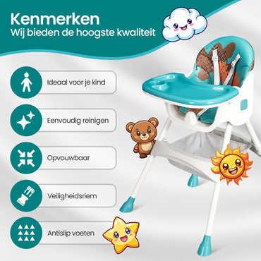 Velox Goods VL-509 Baby Chair – Compact, Adjustable and Foldable High Chair with Seat Belt, Storage Basket and Playful Design – Suitable for Children from 6 Months to 4 Years