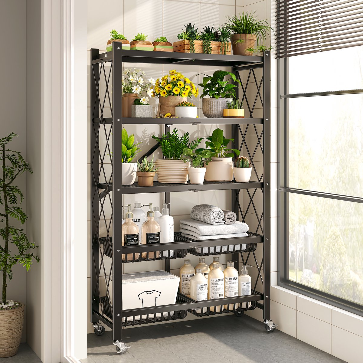 Velox Goods VL‑522 4‑Layer Storage Rack – Collapsible Shelves with Wheels – Sturdy Standing Rack for Kitchen, Bathroom & Living Room – Open Box Cabinet – Black