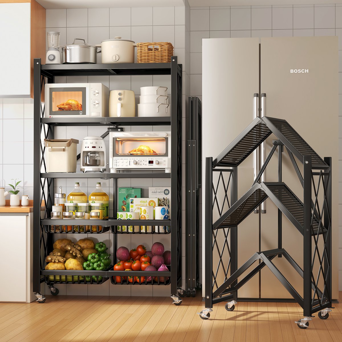 Velox Goods VL‑522 4‑Layer Storage Rack – Collapsible Shelves with Wheels – Sturdy Standing Rack for Kitchen, Bathroom & Living Room – Open Box Cabinet – Black