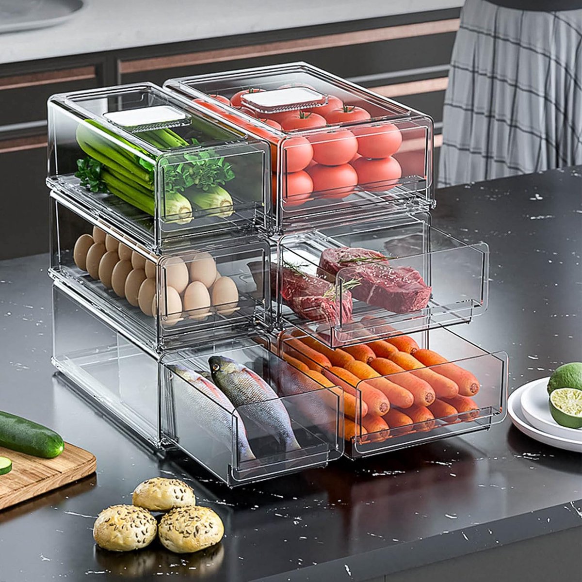 Velox Goods VL‑532 Refrigerator Organizer – Transparent Sliding Drawer Bin – Storage box for Refrigerator, Kitchen or Pantry – BPA-free – Stackable – 30×20.6×11.5 cm