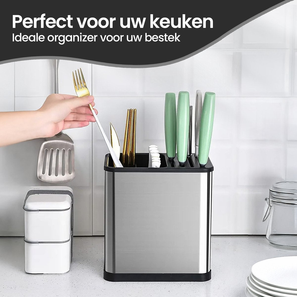 Velox Goods VL‑535 Knife Rack – Kitchen Rack Without Drilling – Hanging Kitchen Organizer for Knives & Cutlery – Black Wall Rack with Self-Adhesive System – Kitchenware Holder