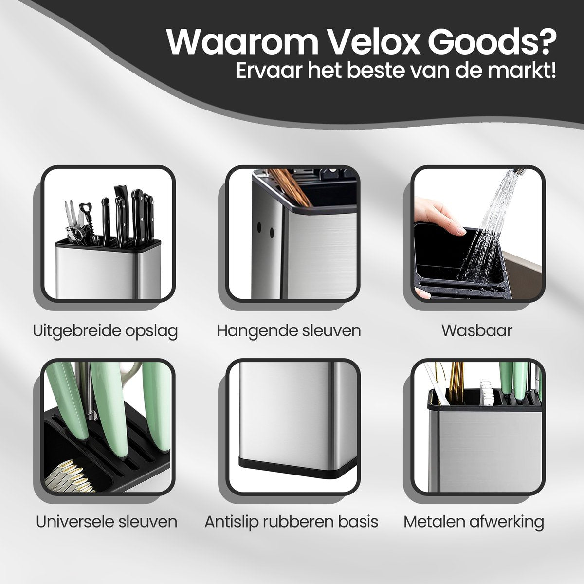 Velox Goods VL‑535 Knife Rack – Kitchen Rack Without Drilling – Hanging Kitchen Organizer for Knives & Cutlery – Black Wall Rack with Self-Adhesive System – Kitchenware Holder