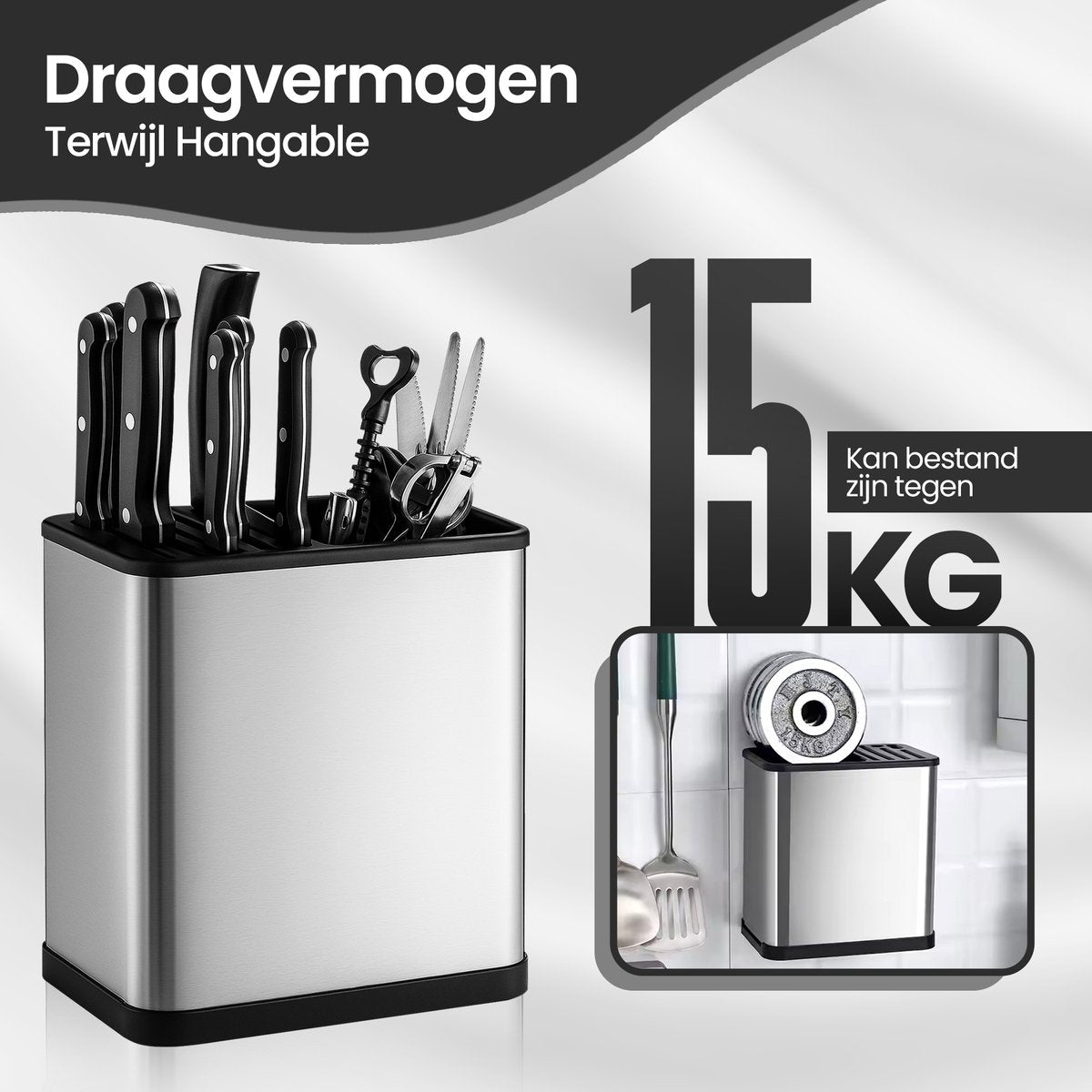 Velox Goods VL‑535 Knife Rack – Kitchen Rack Without Drilling – Hanging Kitchen Organizer for Knives & Cutlery – Black Wall Rack with Self-Adhesive System – Kitchenware Holder