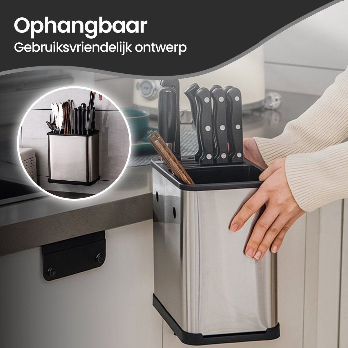 Velox Goods VL‑535 Knife Rack – Kitchen Rack Without Drilling – Hanging Kitchen Organizer for Knives & Cutlery – Black Wall Rack with Self-Adhesive System – Kitchenware Holder