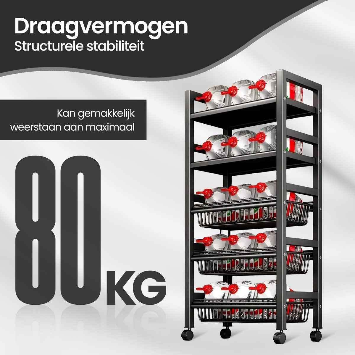 Velox Goods VL-518 Kitchen Shelves – Sturdy Storage Rack with 5 Layers – Mobile Metal Kitchen Rack with Mesh Baskets – Suitable for Microwave, Fruit, Vegetable & Kitchen Equipment – Black – 58x36x127 cm