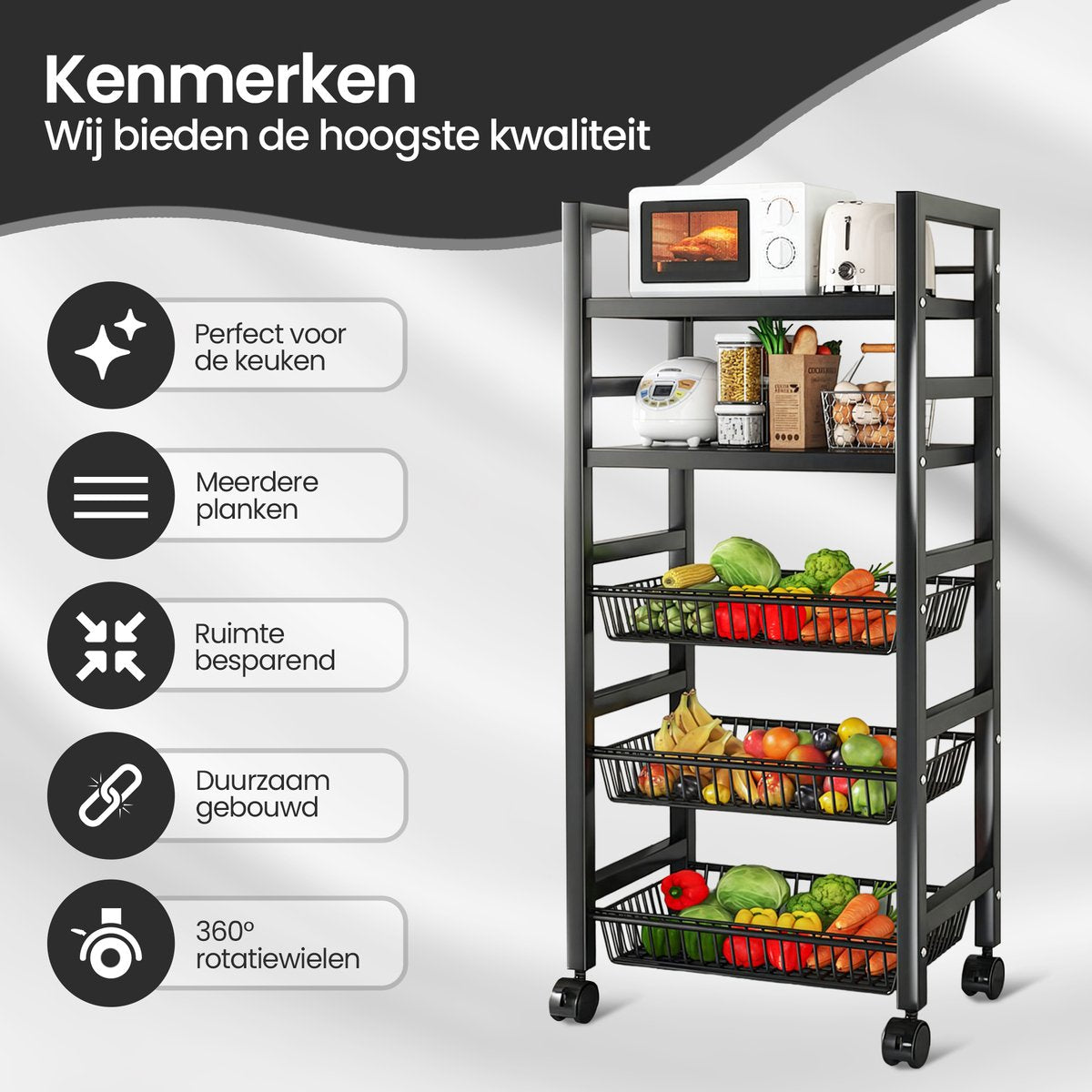 Velox Goods VL-518 Kitchen Shelves – Sturdy Storage Rack with 5 Layers – Mobile Metal Kitchen Rack with Mesh Baskets – Suitable for Microwave, Fruit, Vegetable & Kitchen Equipment – Black – 58x36x127 cm