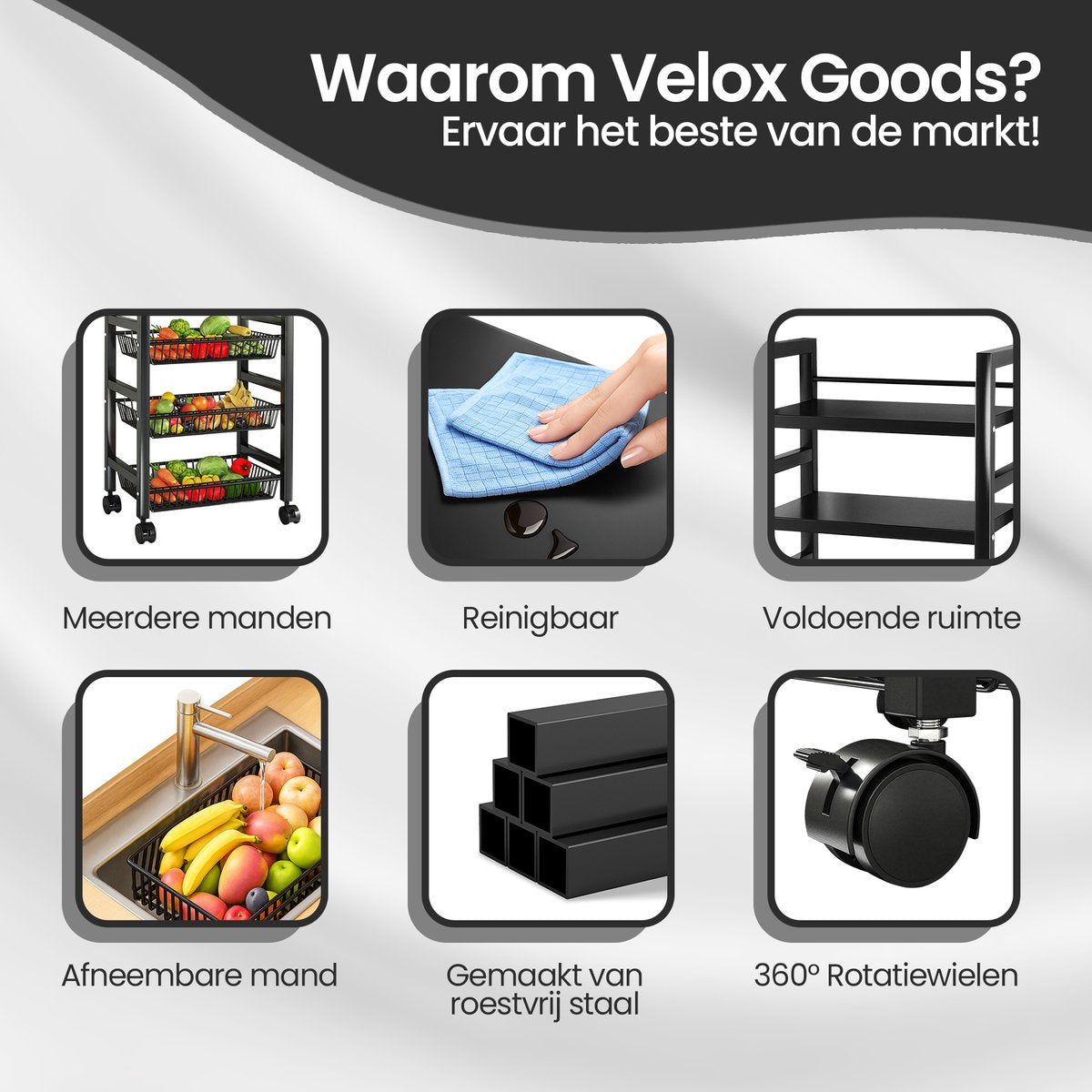 Velox Goods VL-518 Kitchen Shelves – Sturdy Storage Rack with 5 Layers – Mobile Metal Kitchen Rack with Mesh Baskets – Suitable for Microwave, Fruit, Vegetable & Kitchen Equipment – Black – 58x36x127 cm