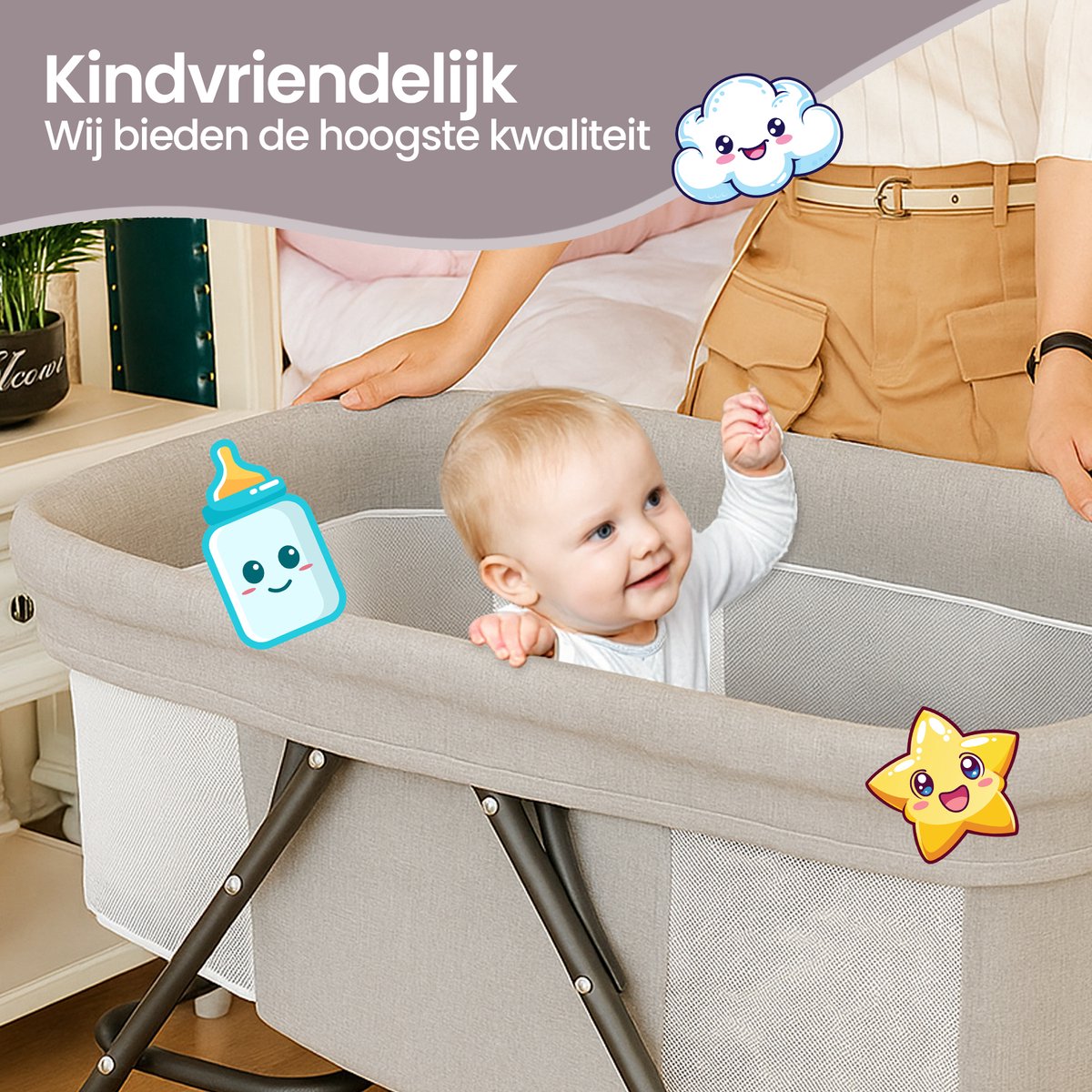 Velox Goods VL-513 Baby Crib – Adjustable Height & Rocking Function – Breathable Mesh & Foldable Design – Pyramid Construction for Stability – Gray