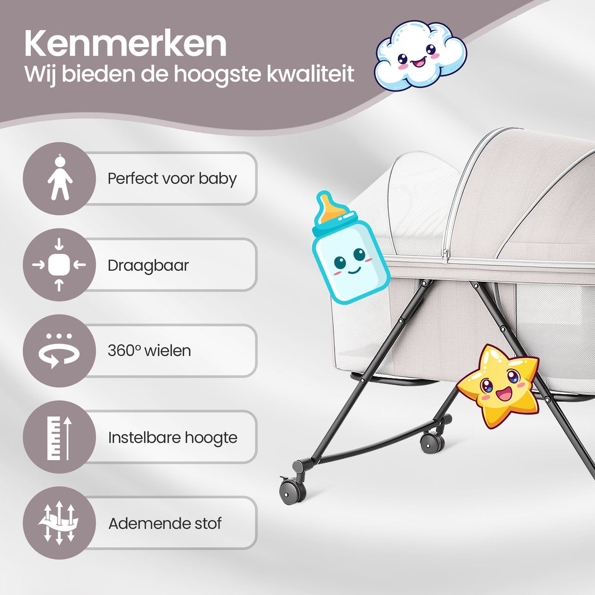 Velox Goods VL-513 Baby Crib – Adjustable Height & Rocking Function – Breathable Mesh & Foldable Design – Pyramid Construction for Stability – Gray