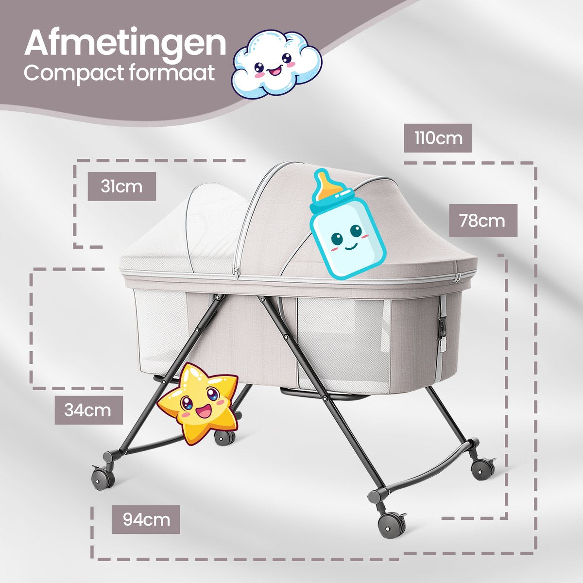 Velox Goods VL-513 Baby Crib – Adjustable Height & Rocking Function – Breathable Mesh & Foldable Design – Pyramid Construction for Stability – Gray