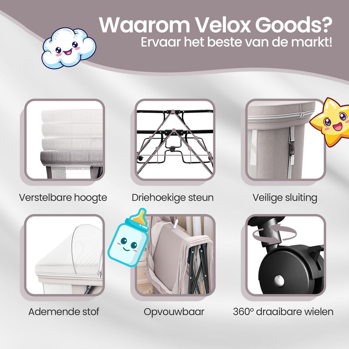 Velox Goods VL-513 Baby Crib – Adjustable Height & Rocking Function – Breathable Mesh & Foldable Design – Pyramid Construction for Stability – Gray