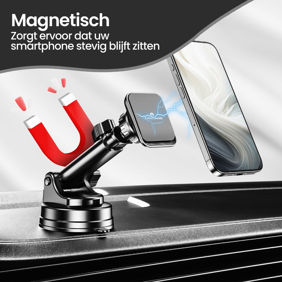 Velox Goods VL-502 Magnetic Phone Holder Car – Strong Suction Cup – Extractable Arm – 360° Rotatable – Suitable for Dashboard, Windshield & Desk – Universal Smartphone Holder – Black