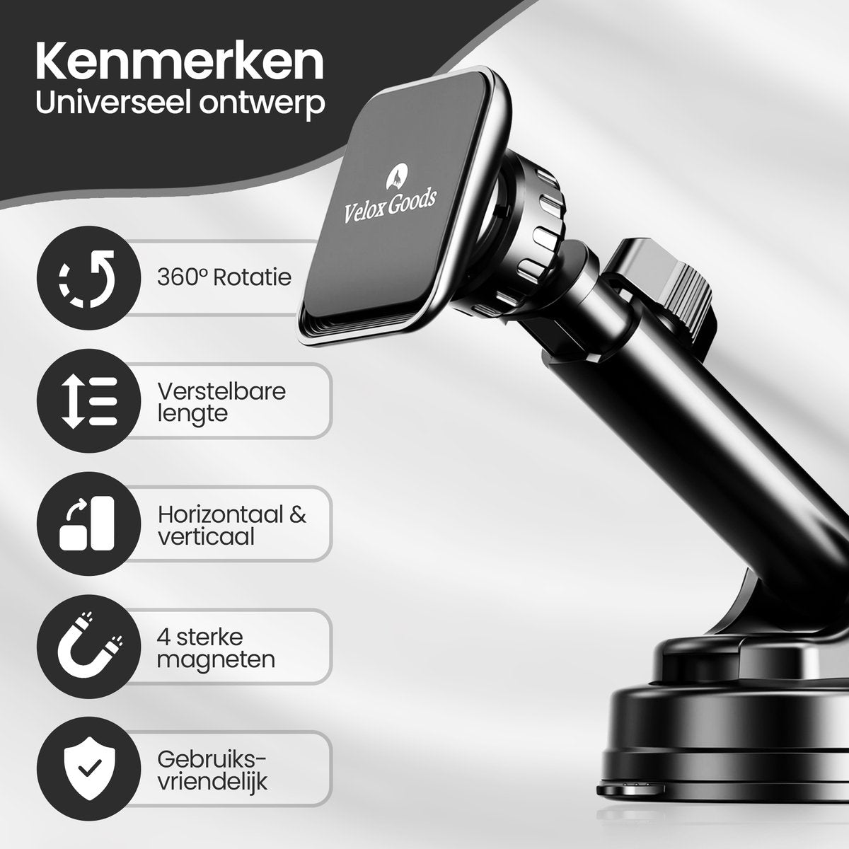 Velox Goods VL-502 Magnetic Phone Holder Car – Strong Suction Cup – Extractable Arm – 360° Rotatable – Suitable for Dashboard, Windshield & Desk – Universal Smartphone Holder – Black