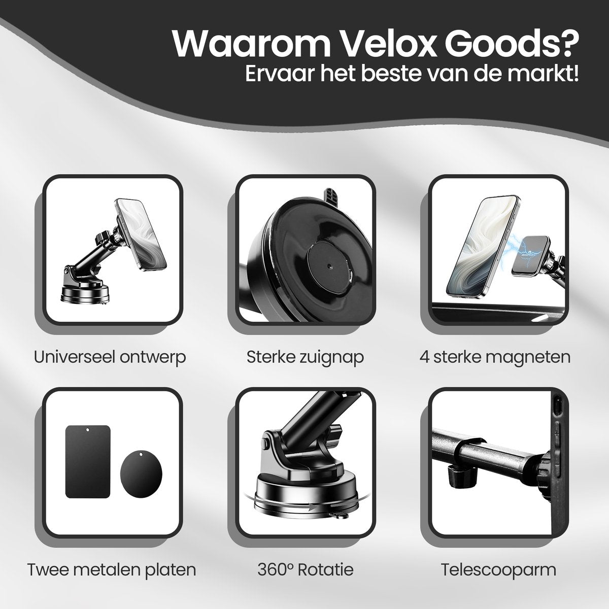 Velox Goods VL-502 Magnetic Phone Holder Car – Strong Suction Cup – Extractable Arm – 360° Rotatable – Suitable for Dashboard, Windshield & Desk – Universal Smartphone Holder – Black