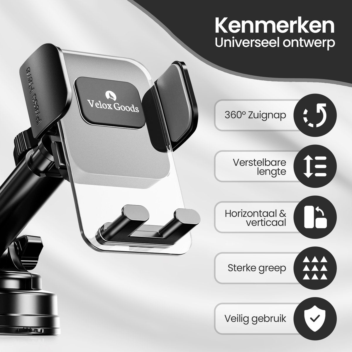 Velox Goods VL-501 Phone Holder Car – Strong Suction Cup – 360° Rotatable – For Dashboard, Windshield & Desk – Universal Smartphone Holder – Black