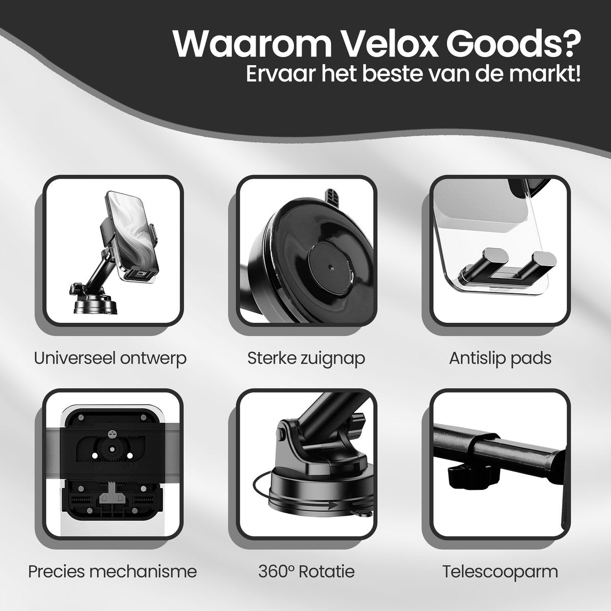 Velox Goods VL-501 Phone Holder Car – Strong Suction Cup – 360° Rotatable – For Dashboard, Windshield & Desk – Universal Smartphone Holder – Black
