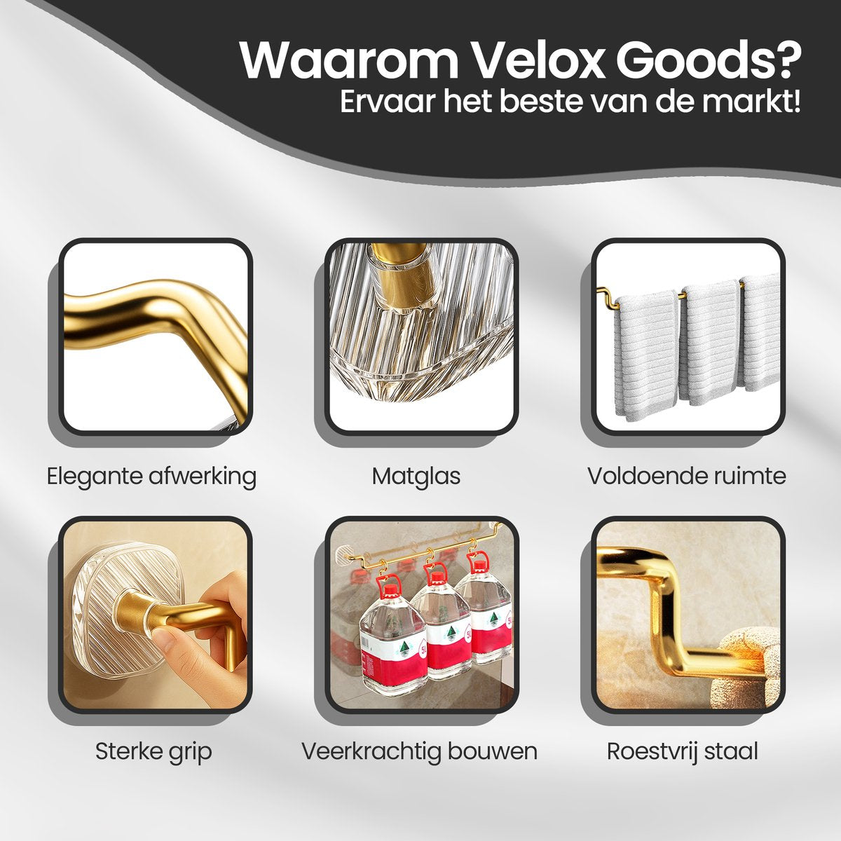 Velox Goods VL‑533 Towel Rack – 60cm Gold Towel Holder – Self-Adhesive & No Drilling – Stainless Steel Bathroom & Kitchen Towel Rack – 20kg Load Capacity