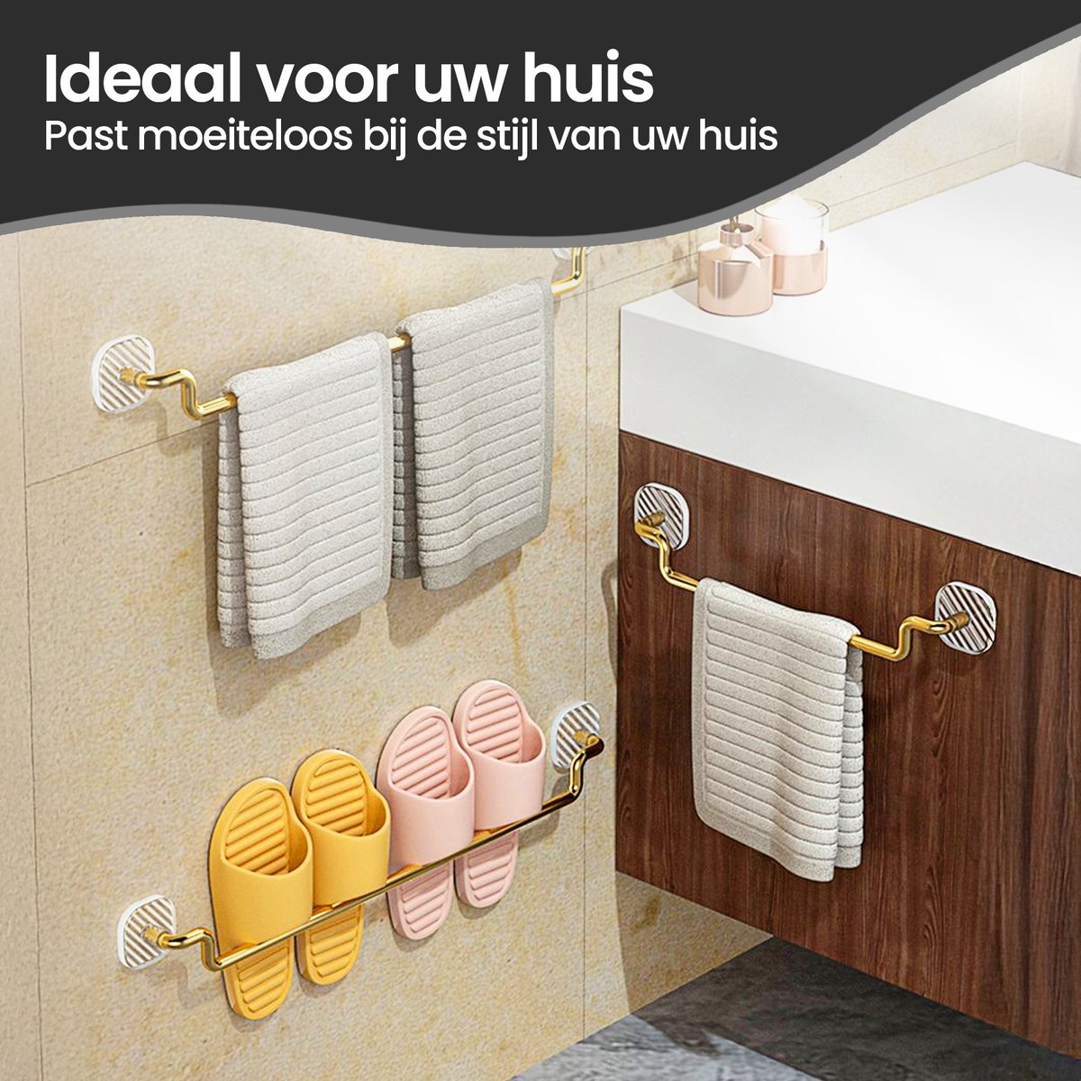 Velox Goods VL‑533 Towel Rack – 60cm Gold Towel Holder – Self-Adhesive & No Drilling – Stainless Steel Bathroom & Kitchen Towel Rack – 20kg Load Capacity