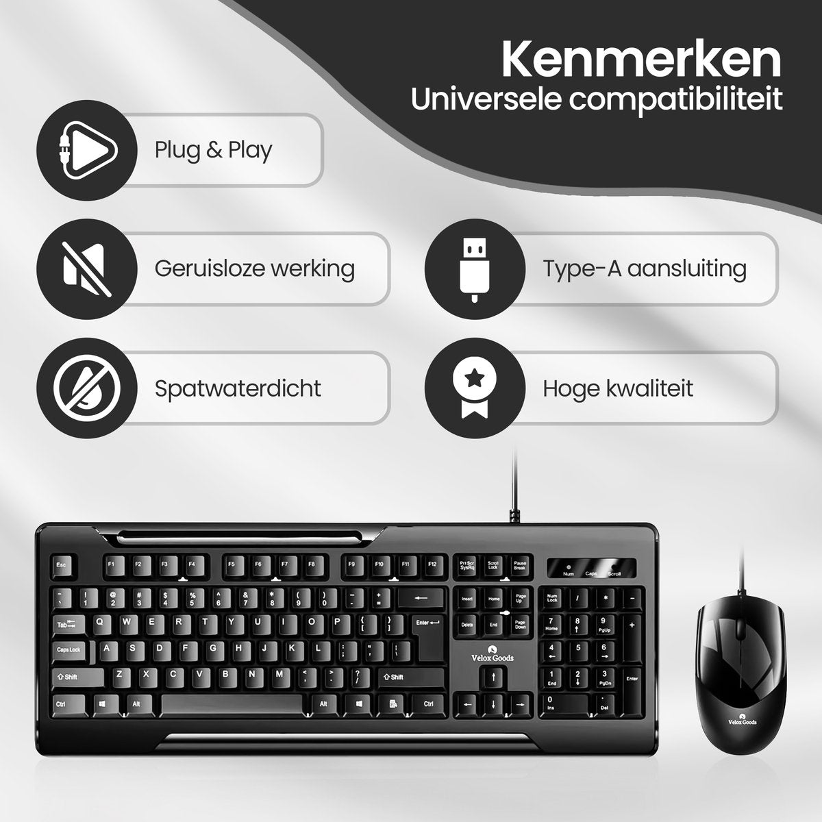Velox Goods VL-500 Keyboard and Mouse Set – Wired – Silent – Splashproof – Plug & Play