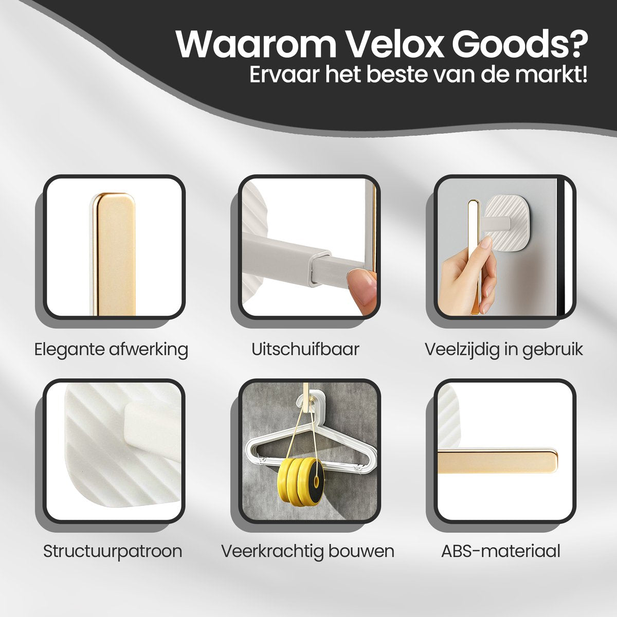 Velox Goods VL‑530 Self-Adhesive Wall Hook – No Drilling Required – Gold Curtain Hook for Kitchen, Bathroom & Bedroom – Extra Strong – 14.5cm – Pack of 1 – White/Gold
