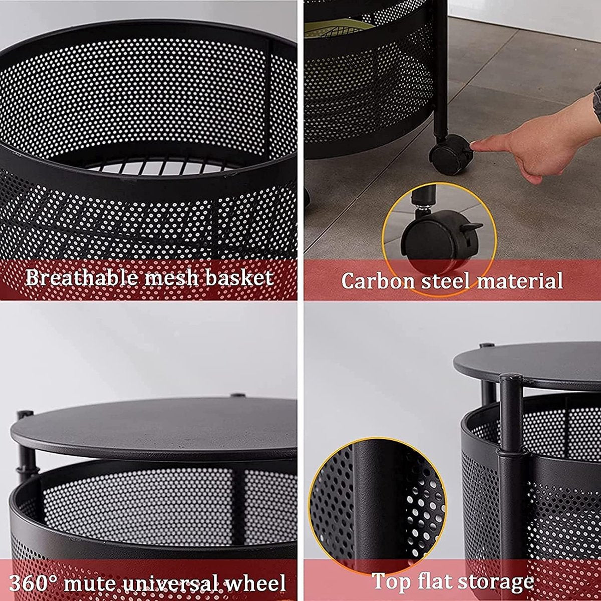 Velox Goods VL-519 Rotating Kitchen Storage Rack – 5-Tier Fruit and Vegetable Basket with Wheels – Swivel Metal Storage Basket – Black – 180° Rotatable – For Kitchen, Living Room & Bathroom