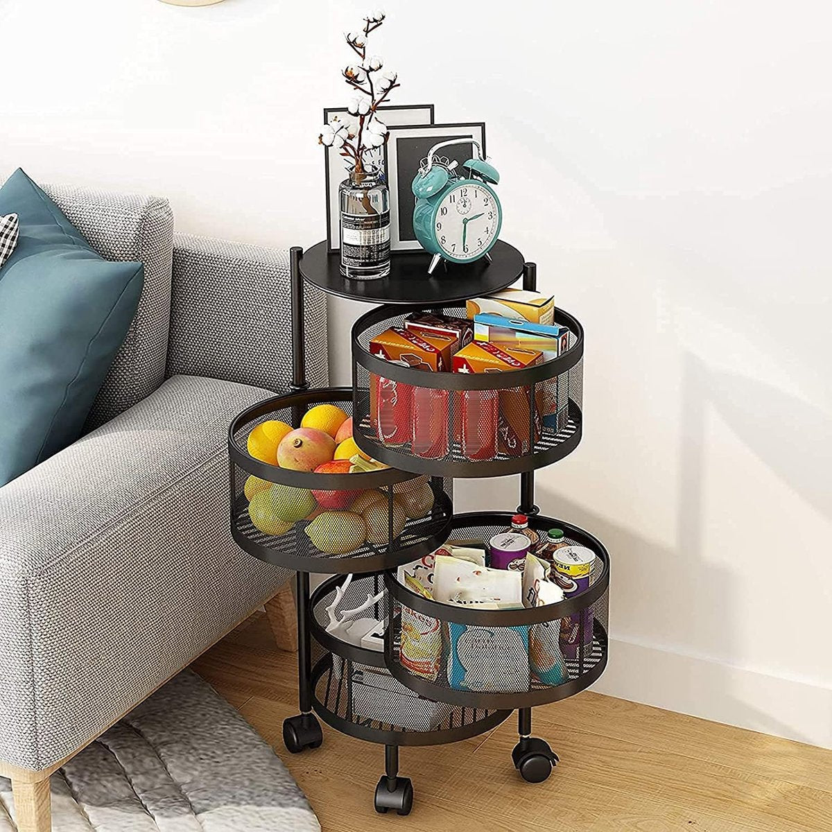Velox Goods VL-519 Rotating Kitchen Storage Rack – 5-Tier Fruit and Vegetable Basket with Wheels – Swivel Metal Storage Basket – Black – 180° Rotatable – For Kitchen, Living Room & Bathroom