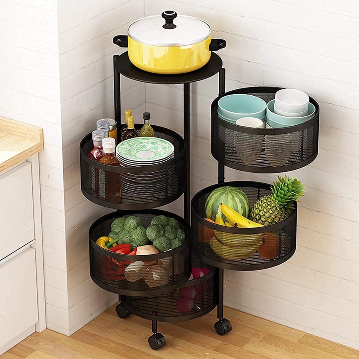 Velox Goods VL-519 Rotating Kitchen Storage Rack – 5-Tier Fruit and Vegetable Basket with Wheels – Swivel Metal Storage Basket – Black – 180° Rotatable – For Kitchen, Living Room & Bathroom