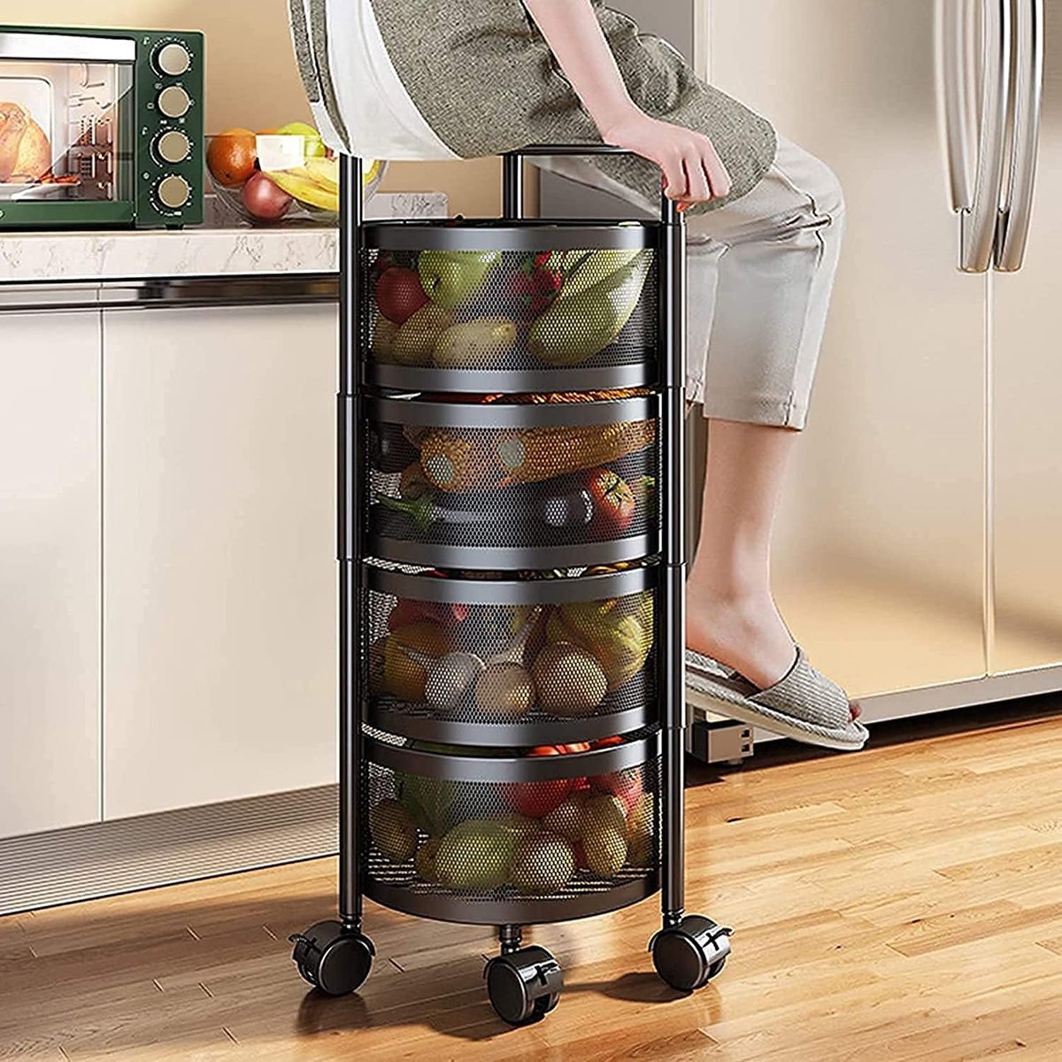 Velox Goods VL-519 Rotating Kitchen Storage Rack – 5-Tier Fruit and Vegetable Basket with Wheels – Swivel Metal Storage Basket – Black – 180° Rotatable – For Kitchen, Living Room & Bathroom