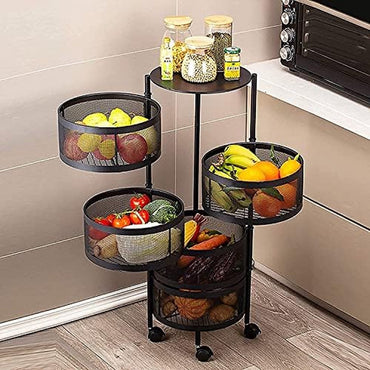 Velox Goods VL-519 Rotating Kitchen Storage Rack – 5-Tier Fruit and Vegetable Basket with Wheels – Swivel Metal Storage Basket – Black – 180° Rotatable – For Kitchen, Living Room & Bathroom
