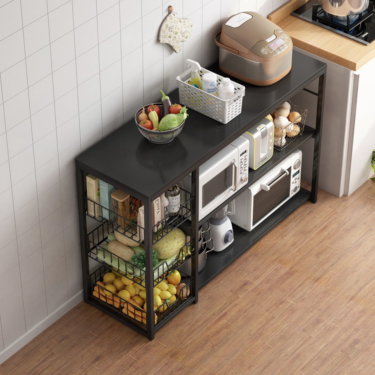 Velox Goods VL‑524 Keukeneiland – Staand Keukenrek met 3 Stevige Planken & Werkblad – Magnetronkast – Organizer voor Groente, Fruit & Keukenapparaten – Zwart – Metaal & Houtlook