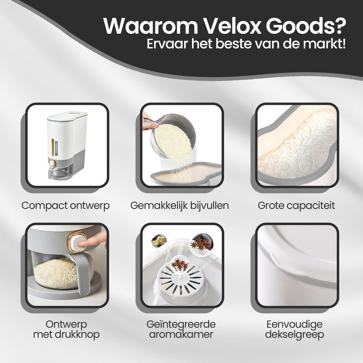 Velox Goods VL‑531 Rice Dispenser – Stock Container with Lid – 10 kg Storage – Grain & Food Container – Storage Bin for Rice, Lentils, Mung Beans & More – Transparent – Kitchen Organizer