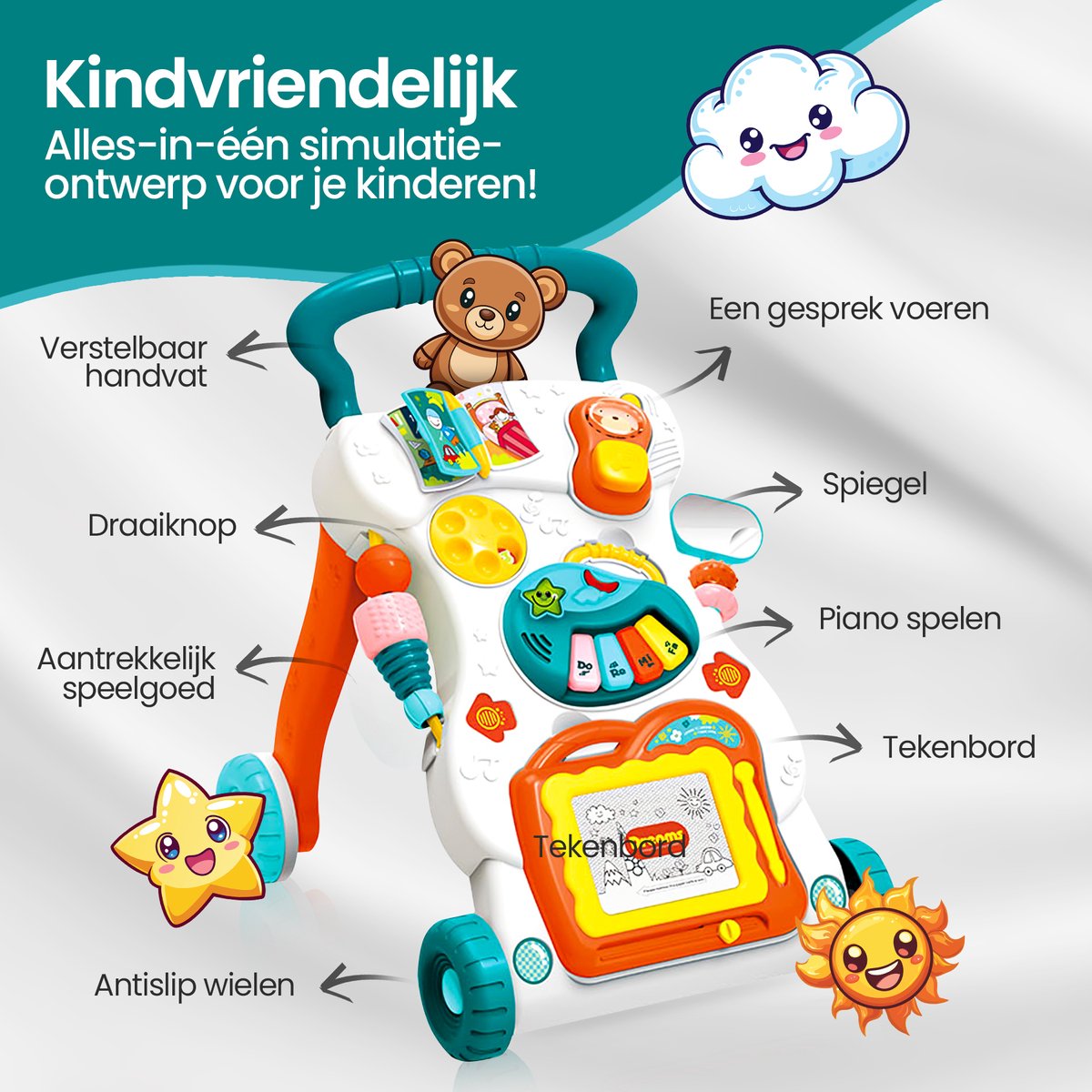 Velox Goods VL-510 Baby Walker – Educational Rocking Exerciser with Activity Panel – Adjustable Height – Non-Slip Wheels & Handle – Toy with Light, Music & Drawing Board – Montessori – From 9 Months