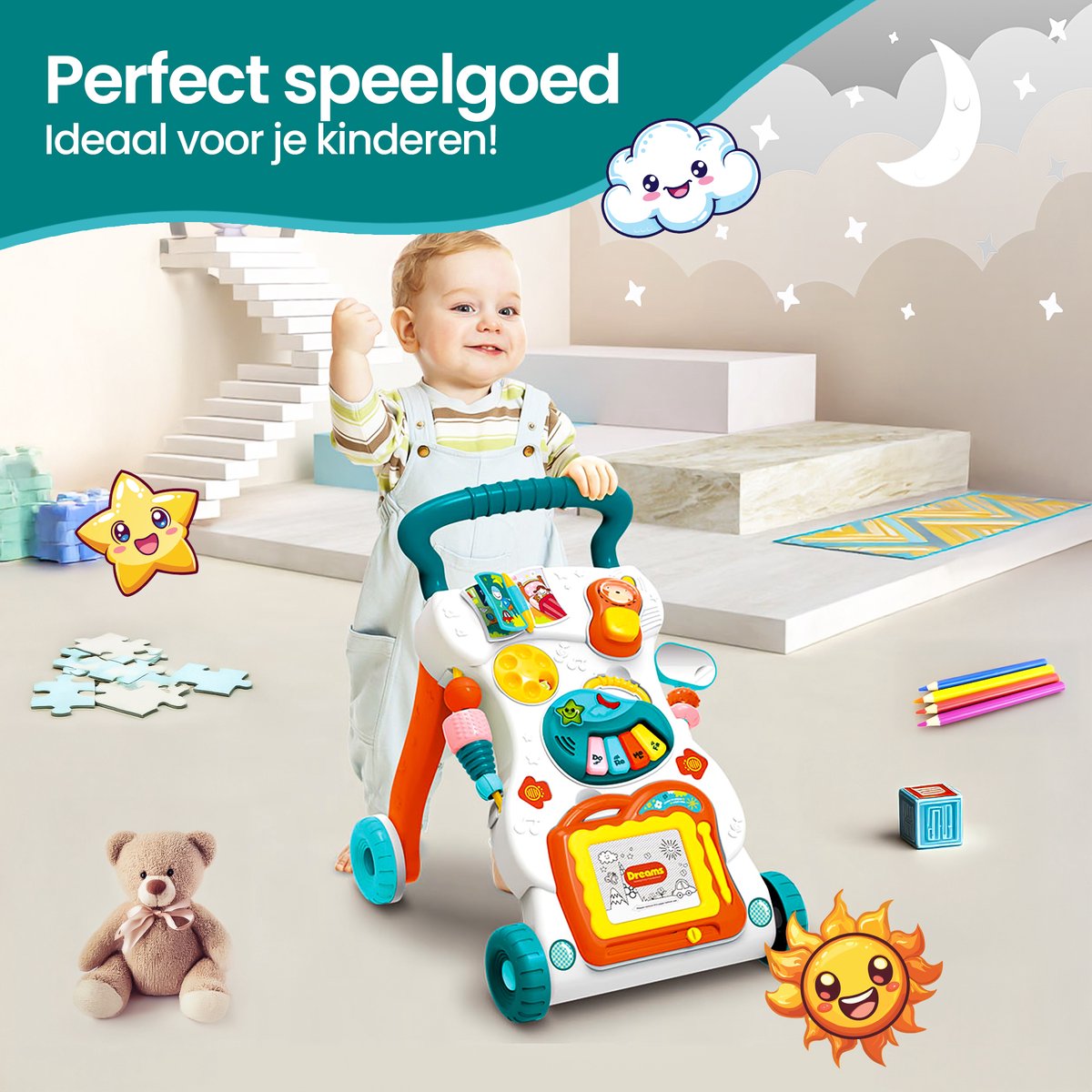 Velox Goods VL-510 Baby Walker – Educational Rocking Exerciser with Activity Panel – Adjustable Height – Non-Slip Wheels & Handle – Toy with Light, Music & Drawing Board – Montessori – From 9 Months