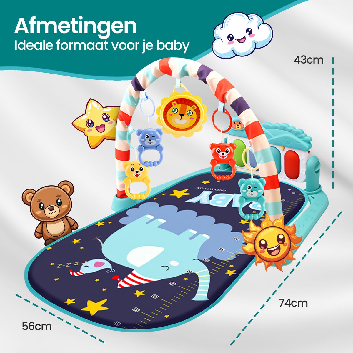 Velox Goods VL-504 Baby Gym with Fitness Piano – Play Mat for Babies from 3 Months – Educational Activity Center with Music, Lights and Removable Toys – Stimulates Motor Development – Blue